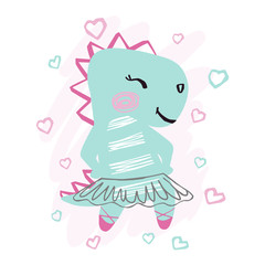 Dinosaur baby girl cute print. Sweet dino ballerina with ballet tutu, pointe shoes on hearts background