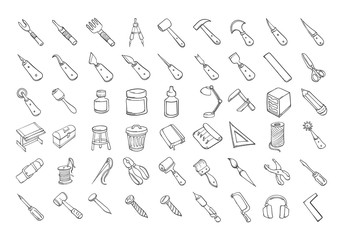 Set of Craft tool icons Drawing illustration Hand drawn doodle Sketch line vector eps10