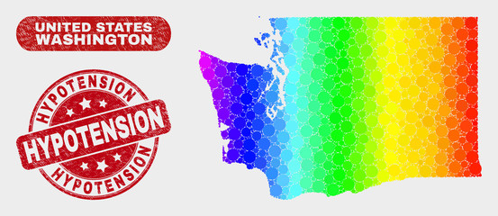 Obraz premium Spectral dot Washington State map and watermarks. Red round Hypotension scratched stamp. Gradient spectral Washington State map mosaic of random round elements.