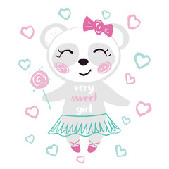 Panda baby girl cute summer print. Sweet bear with sweet lollipop, ballet skirt, bow.