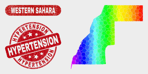 Rainbow colored dot Western Sahara map and stamps. Red round Hypertension scratched watermark. Gradiented rainbow colored Western Sahara map mosaic of random round dots.