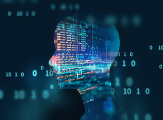 silhouette of virtual human on abstract technology 3d illustration