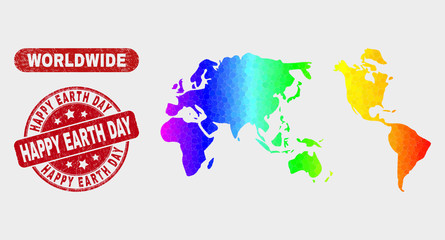 Spectrum dotted worldwide map and seal stamps. Red round Happy Earth Day textured seal stamp. Gradiented spectral worldwide map mosaic of scattered small spheres.