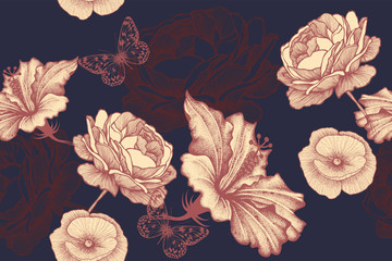 Roses, hibiscus and poppies with butterflies on a seamless floral background. Floral pattern, vector. - 277463263