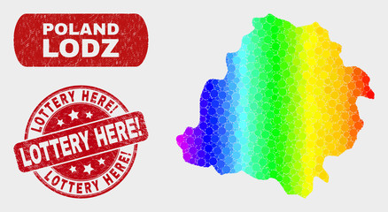 Rainbow colored dotted Lodz Voivodeship map and watermarks. Red round Lottery Here! scratched stamp. Gradient rainbow colored Lodz Voivodeship map mosaic of randomized small spheres.