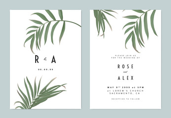 Minimalist botanical wedding invitation card template design, green bamboo palm leaves on top and bottom on white background