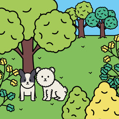 little dogs adorables mascots in the landscape