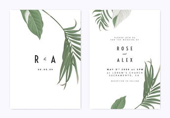Minimalist botanical wedding invitation card template design, green bamboo palm leaves and Syngonium podophyllum albo-variegatum plant on white