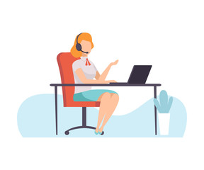 Fototapeta na wymiar Female Call Center Worker, Online Support Service Assistant Talking Online with Headphones, Distant Education Courses, Social Networking, People Communicating Via Internet Vector Illustration