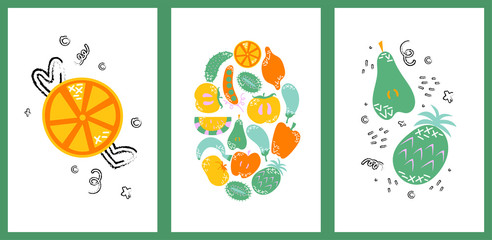 Set of hand drawn cards with fruits and vegetables.