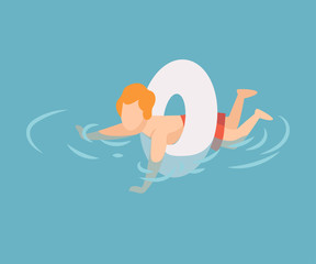 Cute Boy Swimming with Inflatable Lifebuoy, Kid Performing Summer Outdoor Water Activities at Summertime Vector Illustration