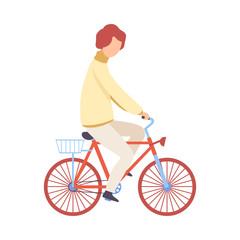 Fototapeta premium Young Man in Casual Clothes Riding Bicycle, Cycling Guy Exercising, Relaxing or Going to Work Vector Illustration