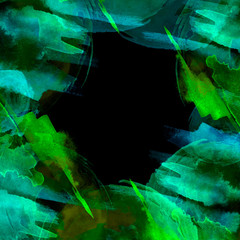Watercolor frame of green abstract strokes, splashes, blots of paint. Watercolor stroke, background, green  paint.  With a place for an inscription and your design. Abstract paint splash.