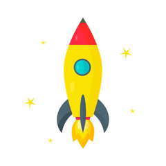 Rocket, yellow stars on a white background. Vector illustration