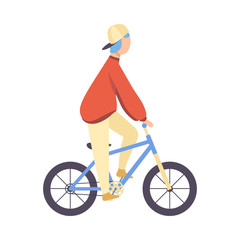 Guy in Cap and Casual Clothes Riding Bicycle Vector Illustration