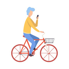 Young Man with Smartphone Riding Bicycle, Cycling Guy Exercising, Relaxing or Going to Work Vector Illustration