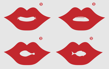 lips with chicken legs, fish, bread and sausage in a negative space for a logo of food