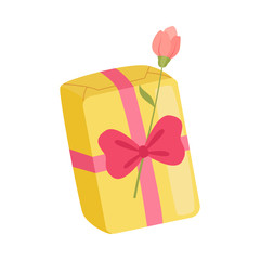 Festive Holiday Yellow Gift Box with Overwhelming Bow and Rose Flower, Present Package for Birthday, Xmas, Wedding, Anniversary Celebration Vector Illustration