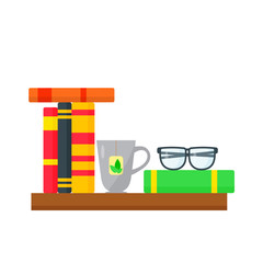 Shelf with books, a cup of tea and glasses on a white background. Vector illustration