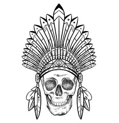 Black and white drawing of a human skull in a Native American hat. Tribal doodle picture. Front view. Tribal vector images for tattoos, printing on T-shirts, cups, coloring and your creativity