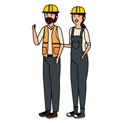 young couple mechanics workers characters