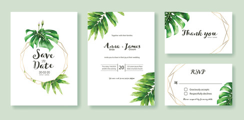Greenery wedding Invitation, save the date, thank you, rsvp card Design template. Vector. Summer leaf, fern leaves. © negoworks