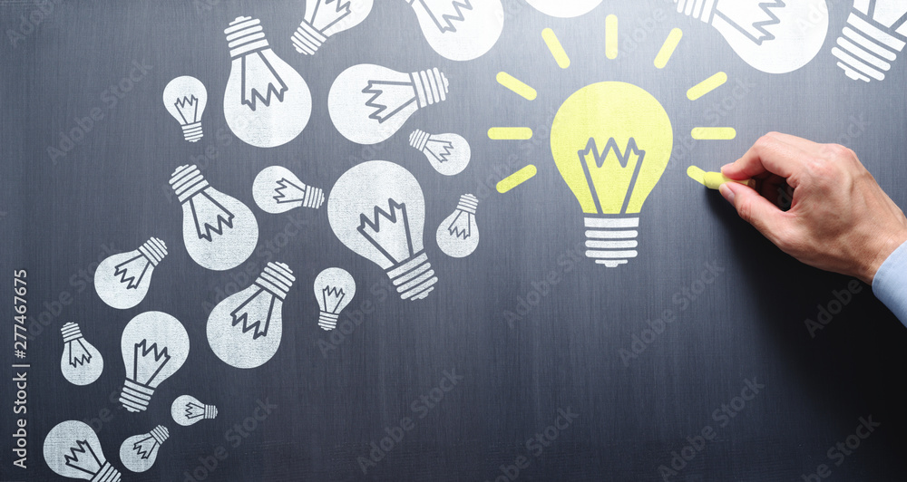 Aufkleber Succeed in finding solution after try and failure. Businessman drawing lightbulbs on chalkboard.
