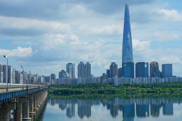 Hangang River With cloud and world tower in Korea.