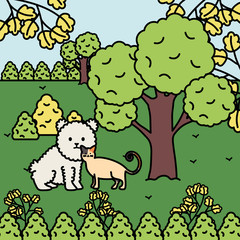 cute cat and dog mascots in the landscape