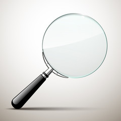 Innovative empty illustration 3d realistic loupe icon isolated on the White backdrop. Creative banner illustration modern design magnifying glass logo for Zoom And Tool with black handle with shadow.