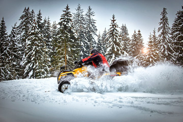 Winter race on an ATV on snow in the forest.