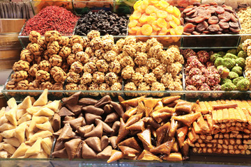 Traditional turkish delights from nuts, sugar, syrup and dried fruits