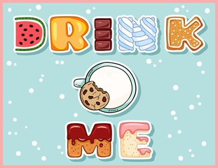 Drink me cute funny postcard with cup of milk. Cute mug with tempting inscription flyer. Vector illustration is suitable for greeting cards, posters, menus, prints for clothes.