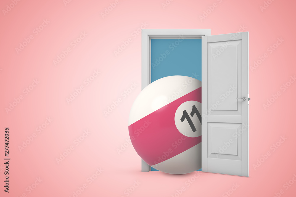 Poster 3d rendering of open door on gradient pink copy space background and big snooker ball in doorway.