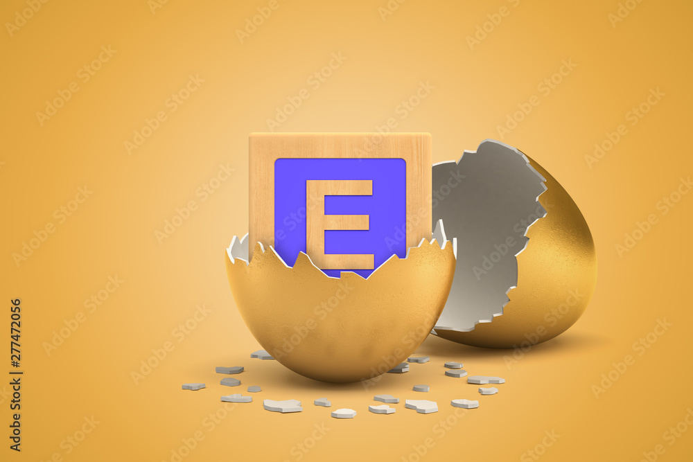 Aufkleber 3d rendering of alphabet toy block hatching out of golden egg on yellow background