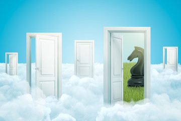 3d rendering of white clouds with open doorways and black chess knight on blue background © gearstd