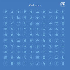 100 blue round cultures vector icons set such as portuguese, tuscany, trebuchet, david, terracotta army, paper lantern, bolo de fuba, israel star of david.