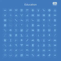 100 blue round education vector icons set such as fountain, reading book, school calendar, graduation diploma, book and glasses, teacher giving lecture, stack of books, planet saturn.