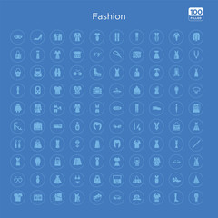 100 blue round fashion vector icons set such as birthday hat with dots and stars, boot for women, feminine fashion, female black handbag, handbag elegant de, female handbag, string bikini, long