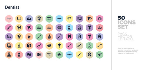 50 dentist vector icons set in a colorful hexagon buttons