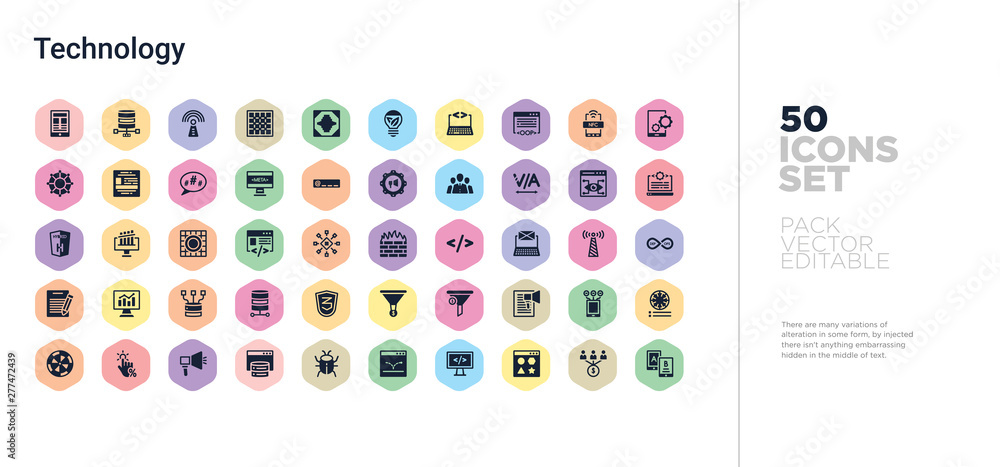 Poster 50 technology vector icons set in a colorful hexagon buttons