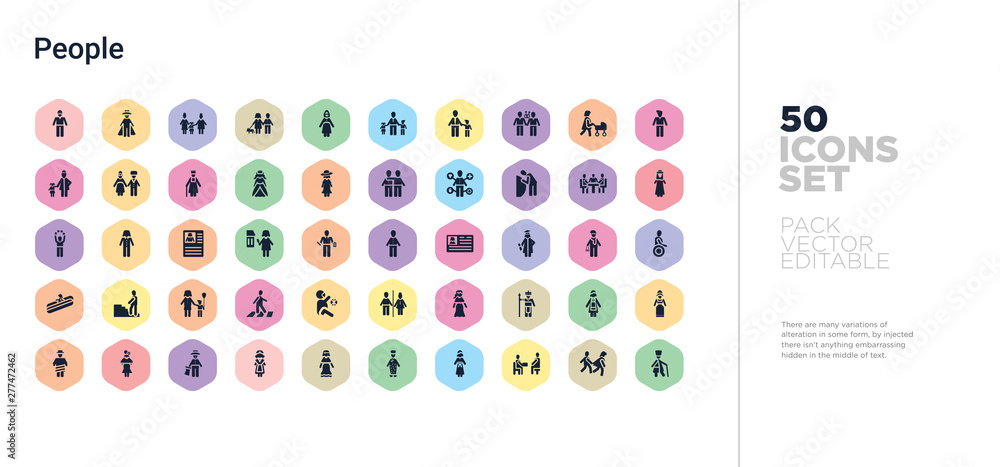 Poster 50 people vector icons set in a colorful hexagon buttons
