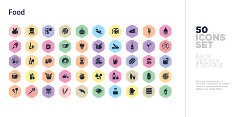 50 food vector icons set in a colorful hexagon buttons