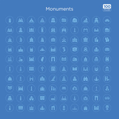 100 blue round monuments vector icons set such as vincent thomas bridge, arc of triomphe, thatbyinnyu temple, national monument monas, gateway of india, hassan mosque, alcala gate, dome of the rock.