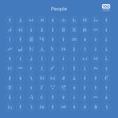 100 blue round people vector icons set such as devil mask, pacient, old man, argentina, costa rica, baby with diaper, fencing attack, baby diaper.