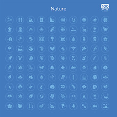 100 blue round nature vector icons set such as fertilize clinic, yucca, camping bonfire, pollen, american mountain ash, black willow, falcate, ovate.