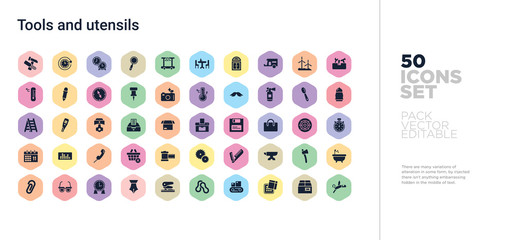 50 tools and utensils vector icons set in a colorful hexagon buttons