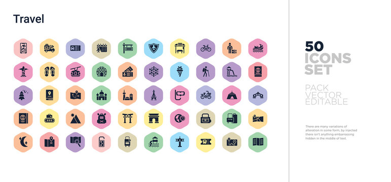 50 travel vector icons set in a colorful hexagon buttons