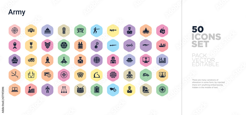 Poster 50 army vector icons set in a colorful hexagon buttons