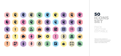50 art vector icons set in a colorful hexagon buttons